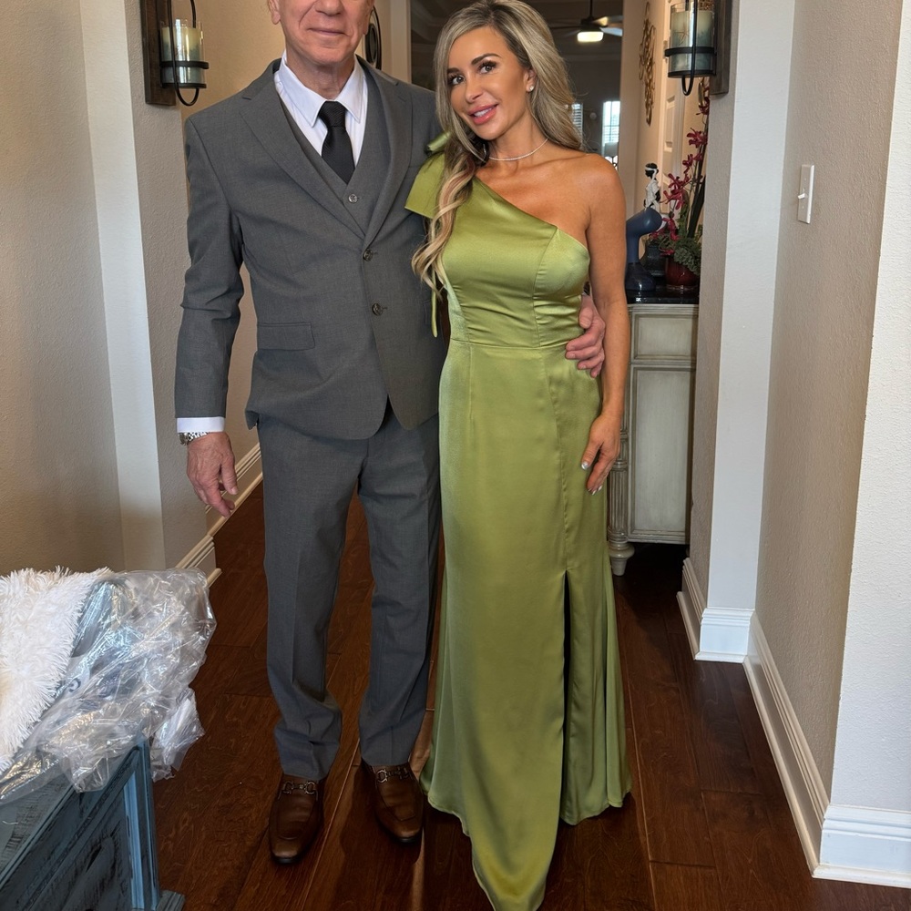 Avocado green one shoulder long gown dress 0